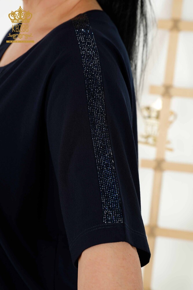 Wholesale Women's Blouse - Floral Pattern - Navy Blue - 79121 | KAZEE - 7