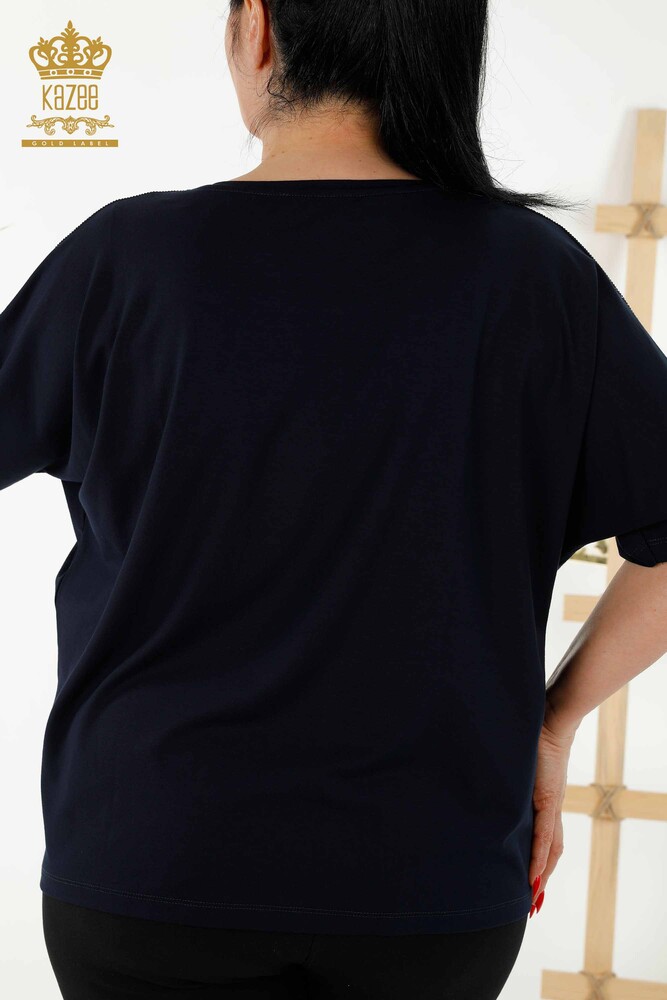 Wholesale Women's Blouse - Floral Pattern - Navy Blue - 79121 | KAZEE - 8