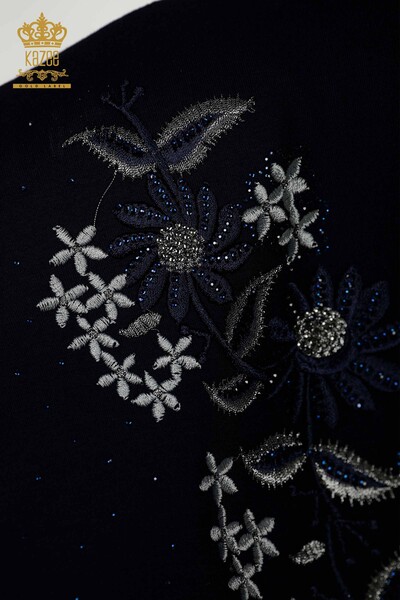 Wholesale Women's Blouse - Floral Pattern - Navy Blue - 79137 | KAZEE - Thumbnail