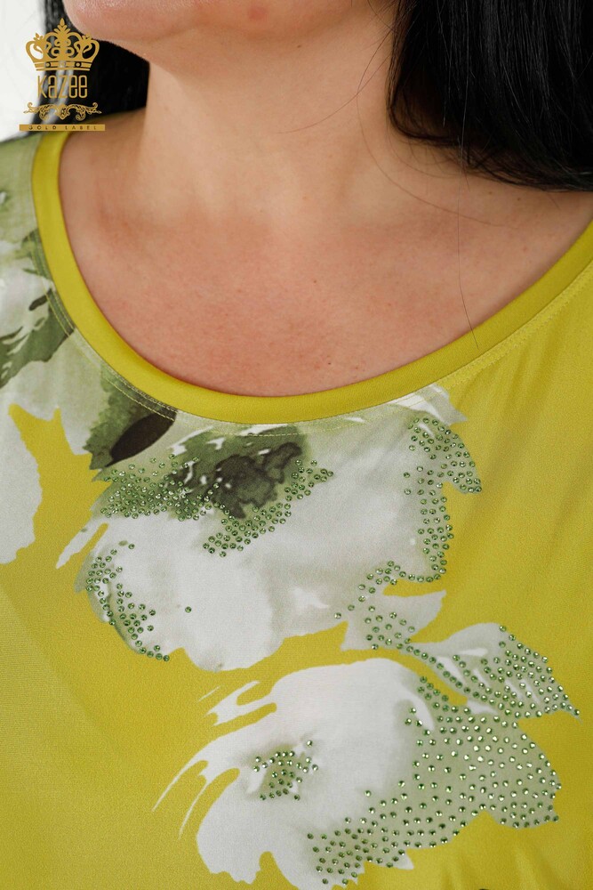 Wholesale Women's Blouse - Floral Pattern - Pistachio Green - 77802 | KAZEE - 6