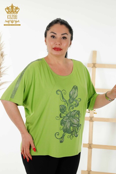 Wholesale Women's Blouse - Floral Pattern - Pistachio Green - 79121 | KAZEE - 1