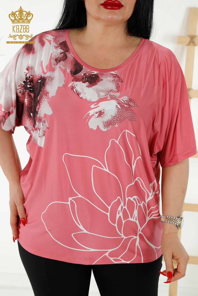 Wholesale Women's Blouse - Floral Pattern - Powder - 77802 | KAZEE - 2