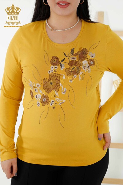 Wholesale Women's Blouse - Floral Pattern - Saffron - 79045 | KAZEE - Thumbnail