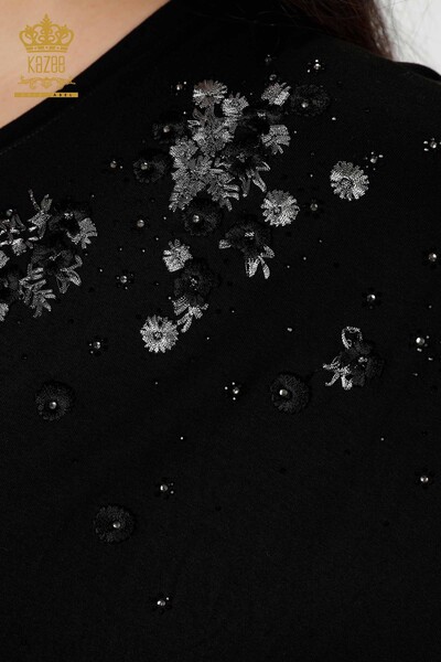 Wholesale Women's Blouse Floral Pattern Tulle Detailed Black - 79032 | KAZEE - Thumbnail