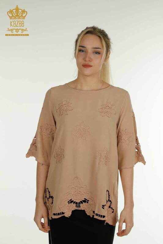 Wholesale Women's Blouse Floral Embroidered Beige - 79127 | KAZEE