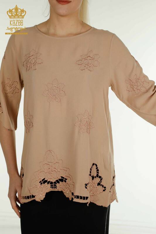 Wholesale Women's Blouse Floral Embroidered Beige - 79127 | KAZEE
