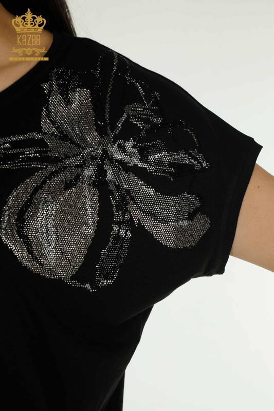 Wholesale Women's Blouse Floral Embroidered Black - 79357 | KAZEE