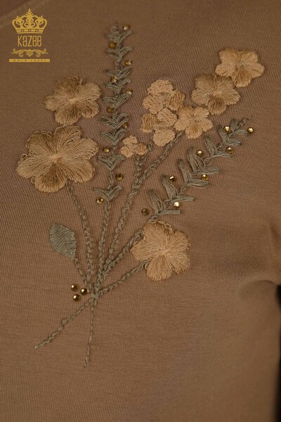 Wholesale Women's Blouse Flower Embroidered Light Brown - 79466 | KAZEE - Thumbnail