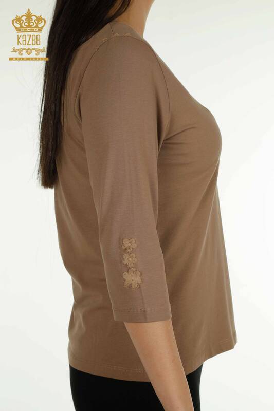 Wholesale Women's Blouse Flower Embroidered Light Brown - 79466 | KAZEE