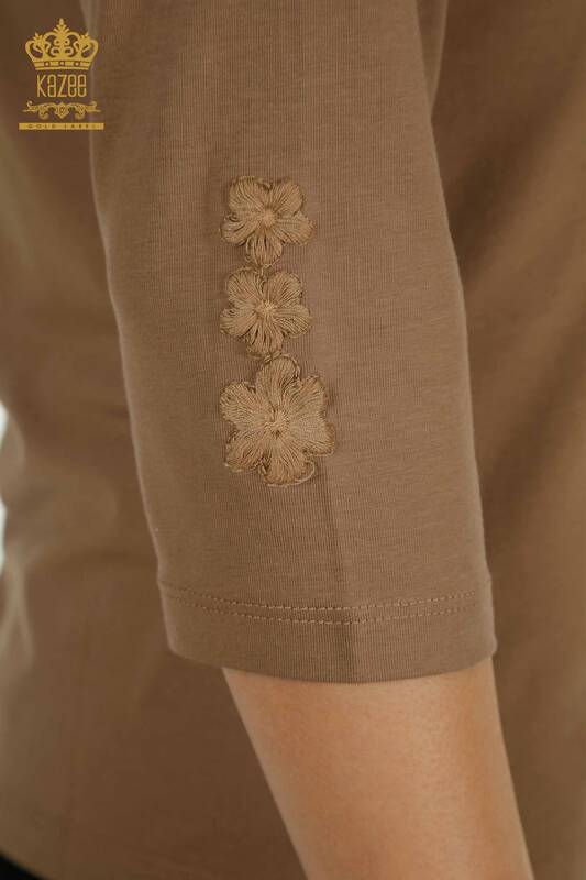 Wholesale Women's Blouse Flower Embroidered Light Brown - 79466 | KAZEE