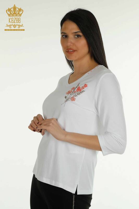 Wholesale Women's Blouse Flower Embroidered White - 79466 | KAZEE