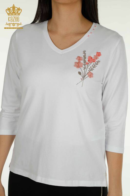 Wholesale Women's Blouse Flower Embroidered White - 79466 | KAZEE