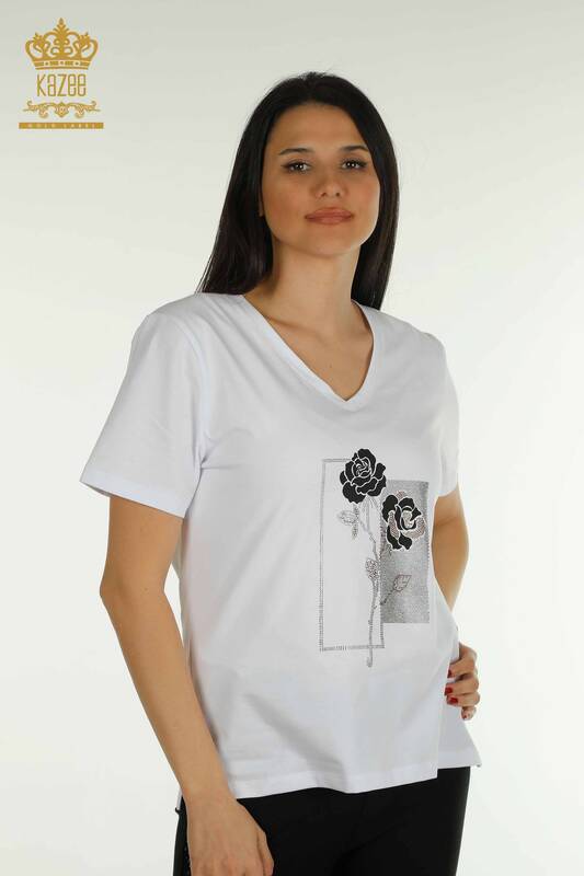Wholesale Women's Blouse Floral Embroidered White - 79860 | KAZEE