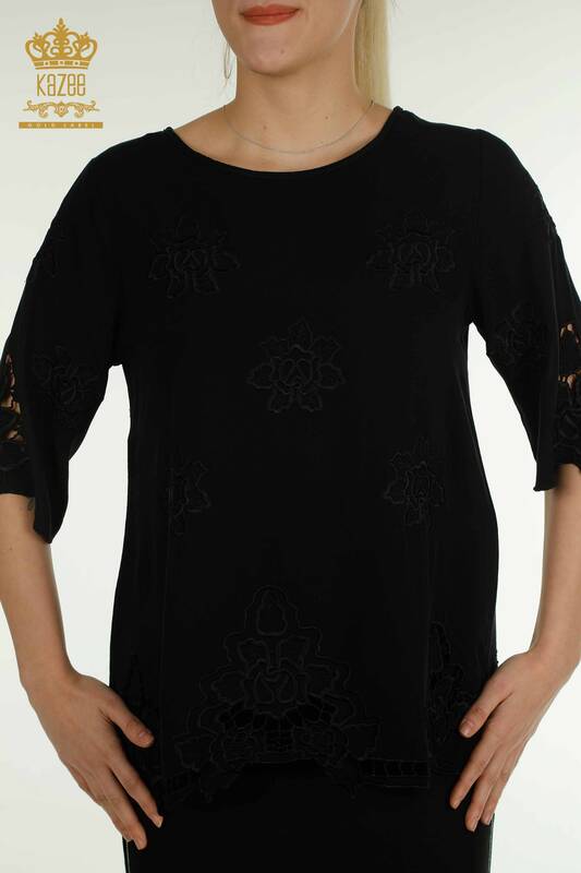 Wholesale Women's Blouse Floral Embroidered Black - 79127 | KAZEE