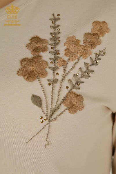 Wholesale Women's Blouse Floral Embroidered Light Beige - 79466 | KAZEE - Thumbnail