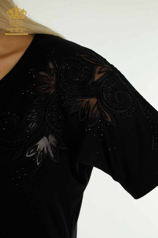 Wholesale Women's Blouse Floral Pattern Black - 79093 | KAZEE