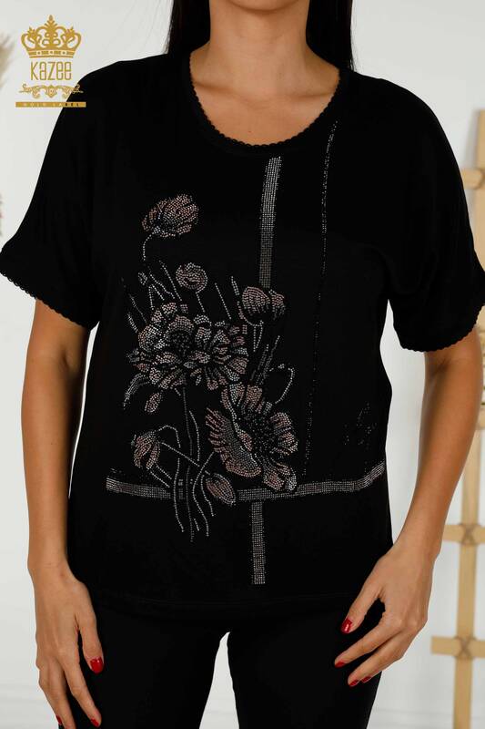 Wholesale Women's Blouse Floral Pattern Black - 79306 | KAZEE