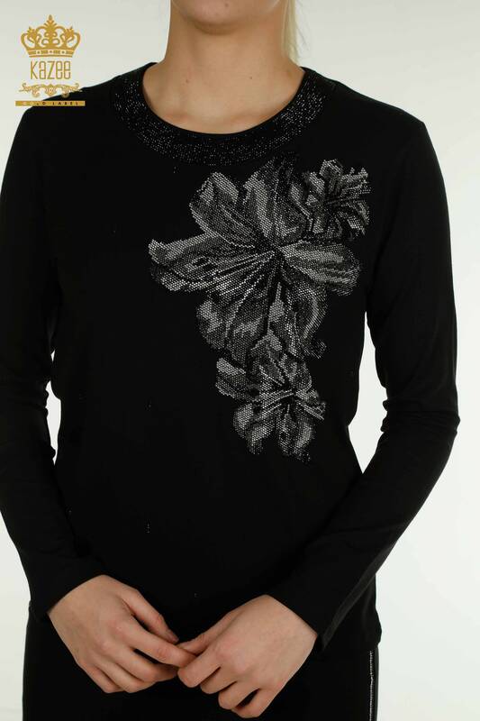 Wholesale Women's Blouse Floral Pattern Black - 79382 | KAZEE
