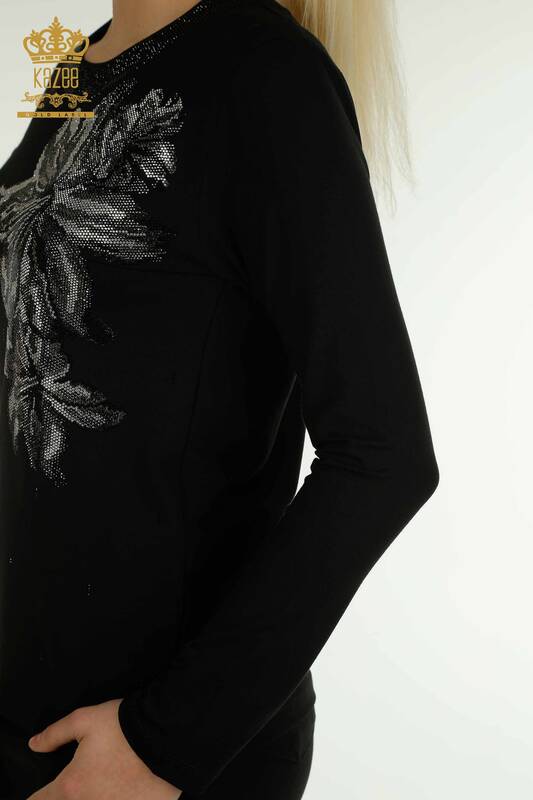 Wholesale Women's Blouse Floral Pattern Black - 79382 | KAZEE