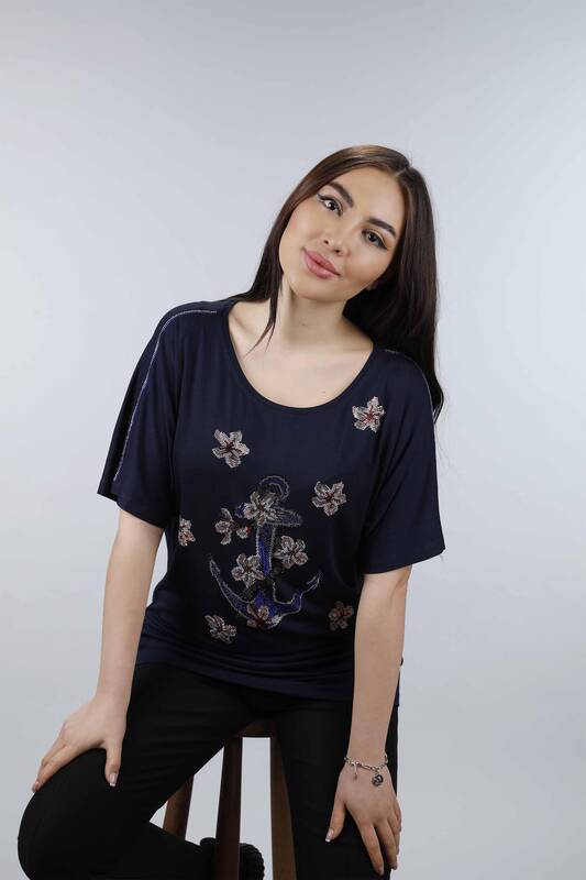 Wholesale Women's Combed Cotton Combed Cotton with Floral Pattern and Stones - 77697 | KAZEE
