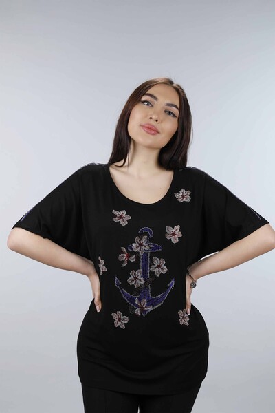 Wholesale Women's Combed Cotton Combed Cotton with Floral Pattern and Stones - 77697 | KAZEE - Thumbnail