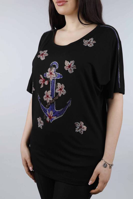 Wholesale Women's Combed Cotton Combed Cotton with Floral Pattern and Stones - 77697 | KAZEE