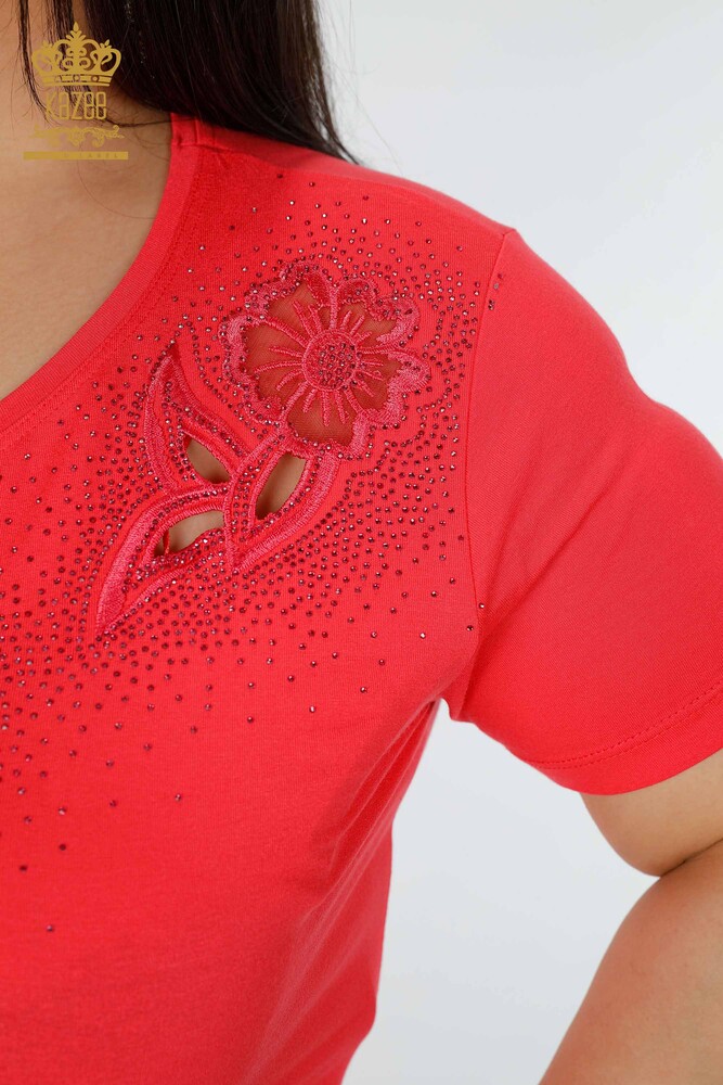 Wholesale Women's Blouse Floral Pattern Coral - 78922 | KAZEE - 4