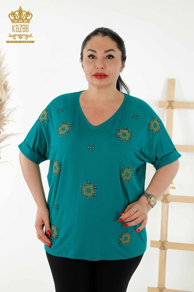 Wholesale Women's Blouse - Floral Pattern - Green - 78879 | KAZEE - Thumbnail