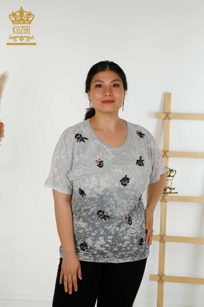 Wholesale Women's Blouse - Floral Pattern - Gray - 79134 | KAZEE - Thumbnail