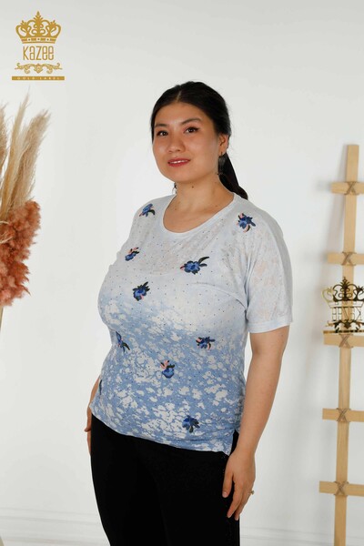 Wholesale Women's Blouse Floral Pattern Indigo - 79134 | KAZEE - Thumbnail