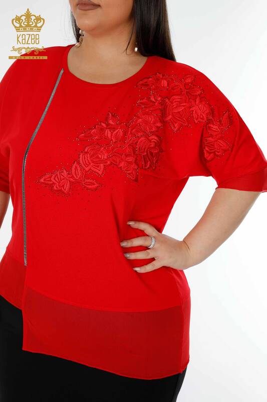 Wholesale Women's Blouse Floral Pattern Red - 79031 | KAZEE