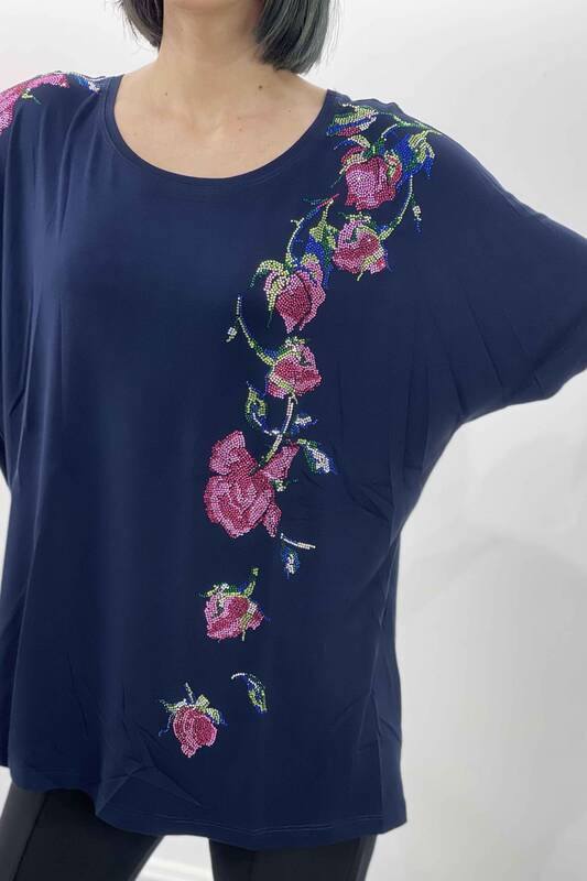 Wholesale Women's Blouse Flower Patterned Stone Embroidery - 77658 | KAZEE