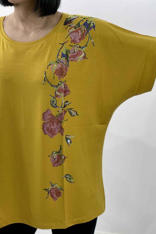 Wholesale Women's Blouse Flower Patterned Stone Embroidery - 77658 | KAZEE
