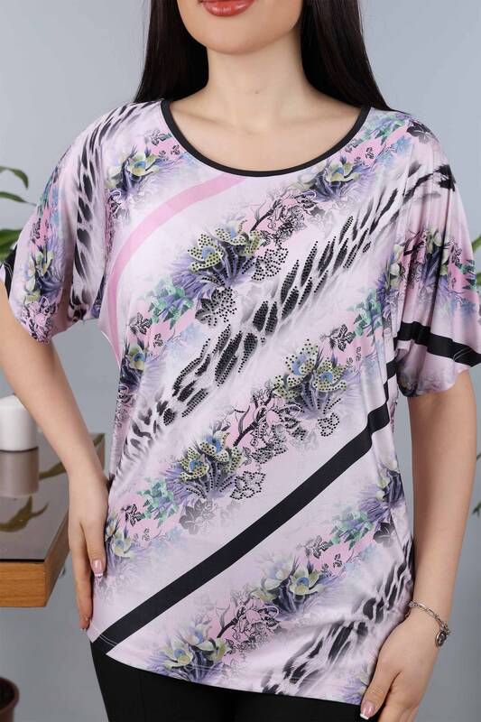 Wholesale Women's Blouse Cotton Flower Patterned Stone Embroidery - 12017 | KAZEE