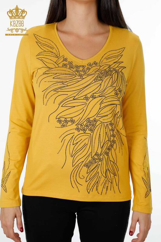 Wholesale Women's Blouse Flower Stone Embroidered Sleeve Detailed - 79020 | KAZEE