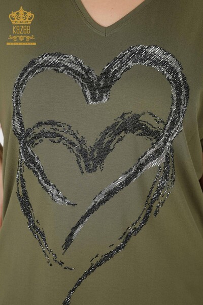 Wholesale Women's Blouse Heart Patterned Khaki - 77711 | KAZEE - Thumbnail