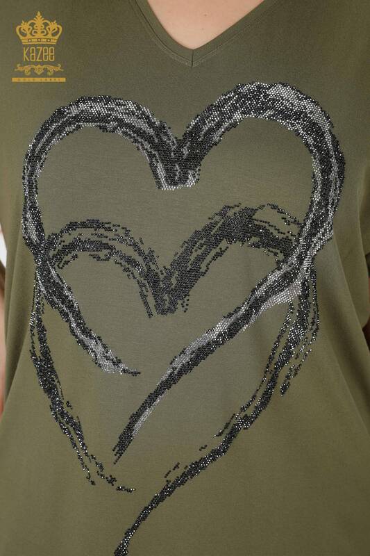 Wholesale Women's Blouse Heart Patterned Khaki - 77711 | KAZEE