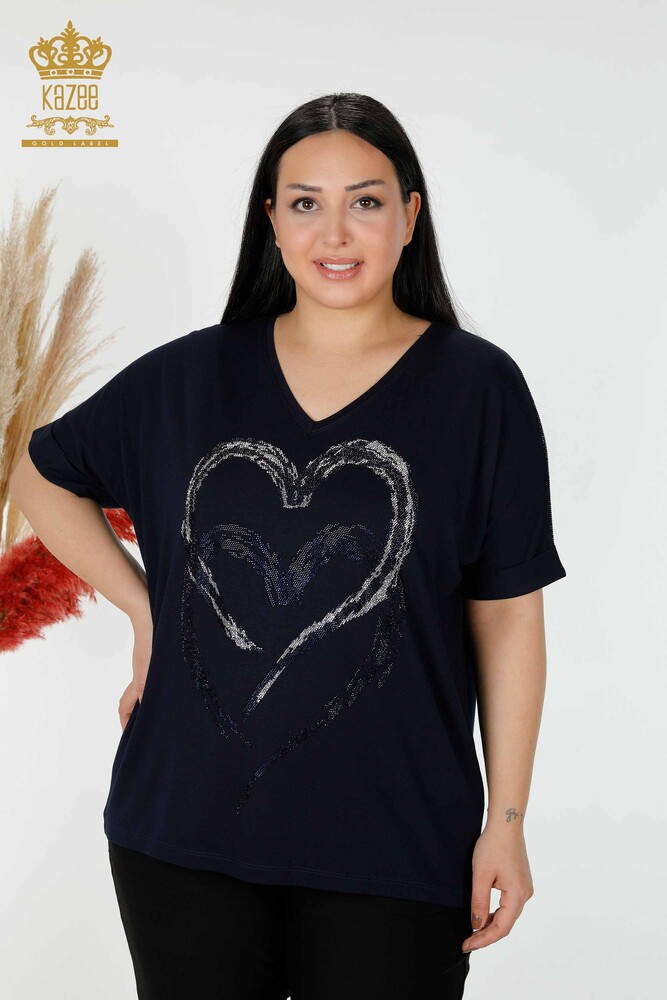 Wholesale Women's Blouse Heart Patterned Navy - 77711 | KAZEE - 1