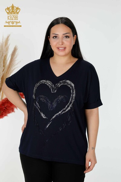 Wholesale Women's Blouse Heart Patterned Navy - 77711 | KAZEE - Thumbnail