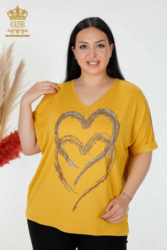 Wholesale Women's Blouse Heart Patterned Saffron - 77711 | KAZEE