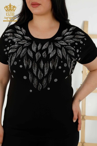 Wholesale Women's Blouse Leaf Pattern Black - 79053 | KAZEE - Thumbnail