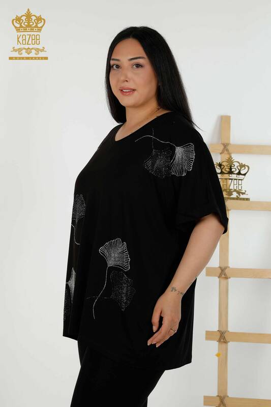 Wholesale Women's Blouse - Leaf Pattern - Black - 79318 | KAZEE