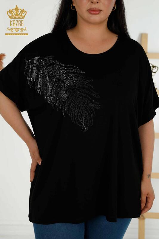 Wholesale Women's Blouse - Leaf Pattern - Black - 79322 | KAZEE