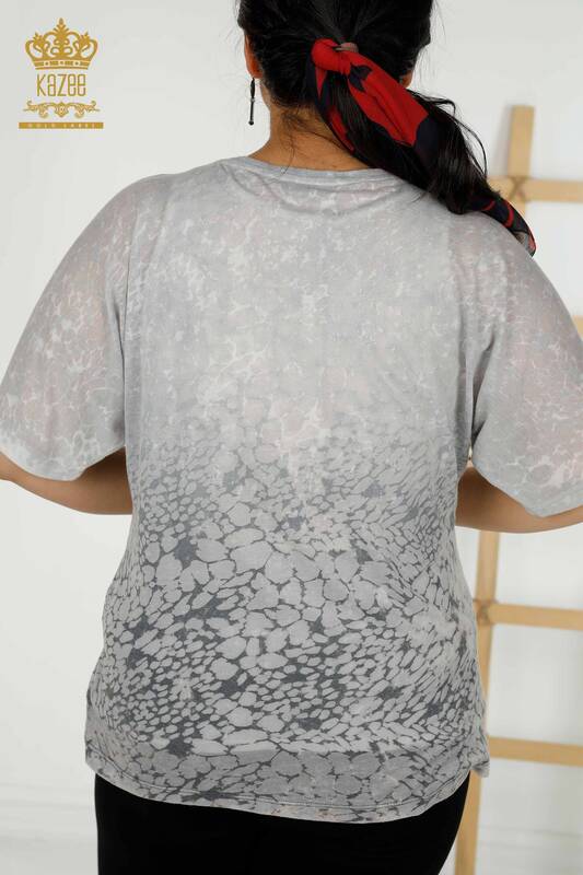 Wholesale Women's Blouse Leaf Pattern Gray - 79130 | KAZEE