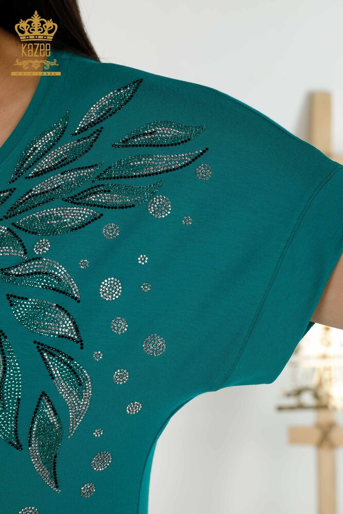 Wholesale Women's Blouse - Leaf Pattern - Green - 79053 | KAZEE - 4