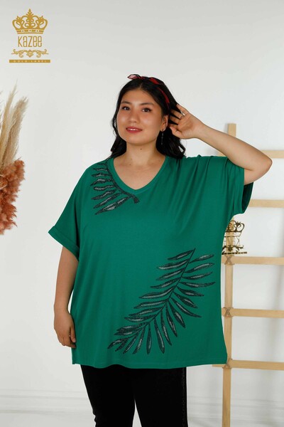 Wholesale Women's Blouse - Leaf Pattern - Green - 79319 | KAZEE - Thumbnail