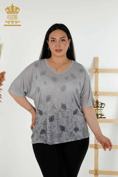 Wholesale Women's Blouse - Leaf Pattern - Gray - 79135 | KAZEE - Thumbnail