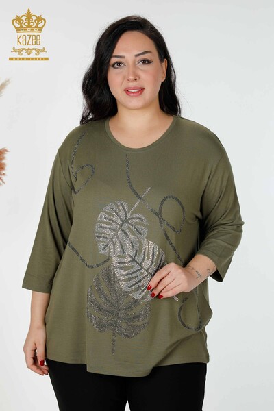 Wholesale Women's Blouse Leaf Patterned Khaki - 78946 | KAZEE - Thumbnail