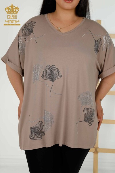 Wholesale Women's Blouse - Leaf Patterned - Mink - 79318 | KAZEE - Thumbnail