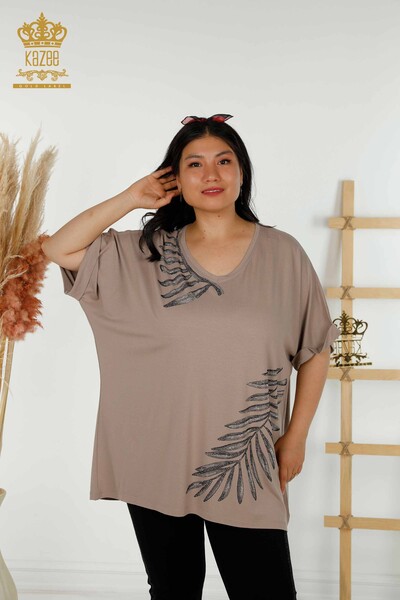 Wholesale Women's Blouse - Leaf Patterned - Mink - 79319 | KAZEE - Thumbnail